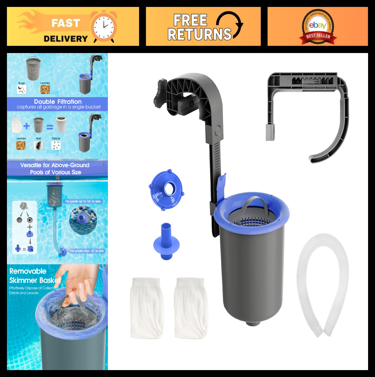 Wall Mount Pool Surface Debris Skimmer Kit – Adjustable Bracket, Quick Setup, 80