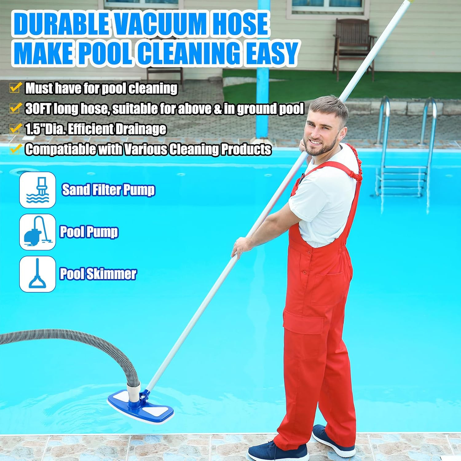 3 Pcs Pool Cleaning Kit Swimming Pool Vacuum Head Hoses 1-1/2&Prime; X 30Ft with Swive