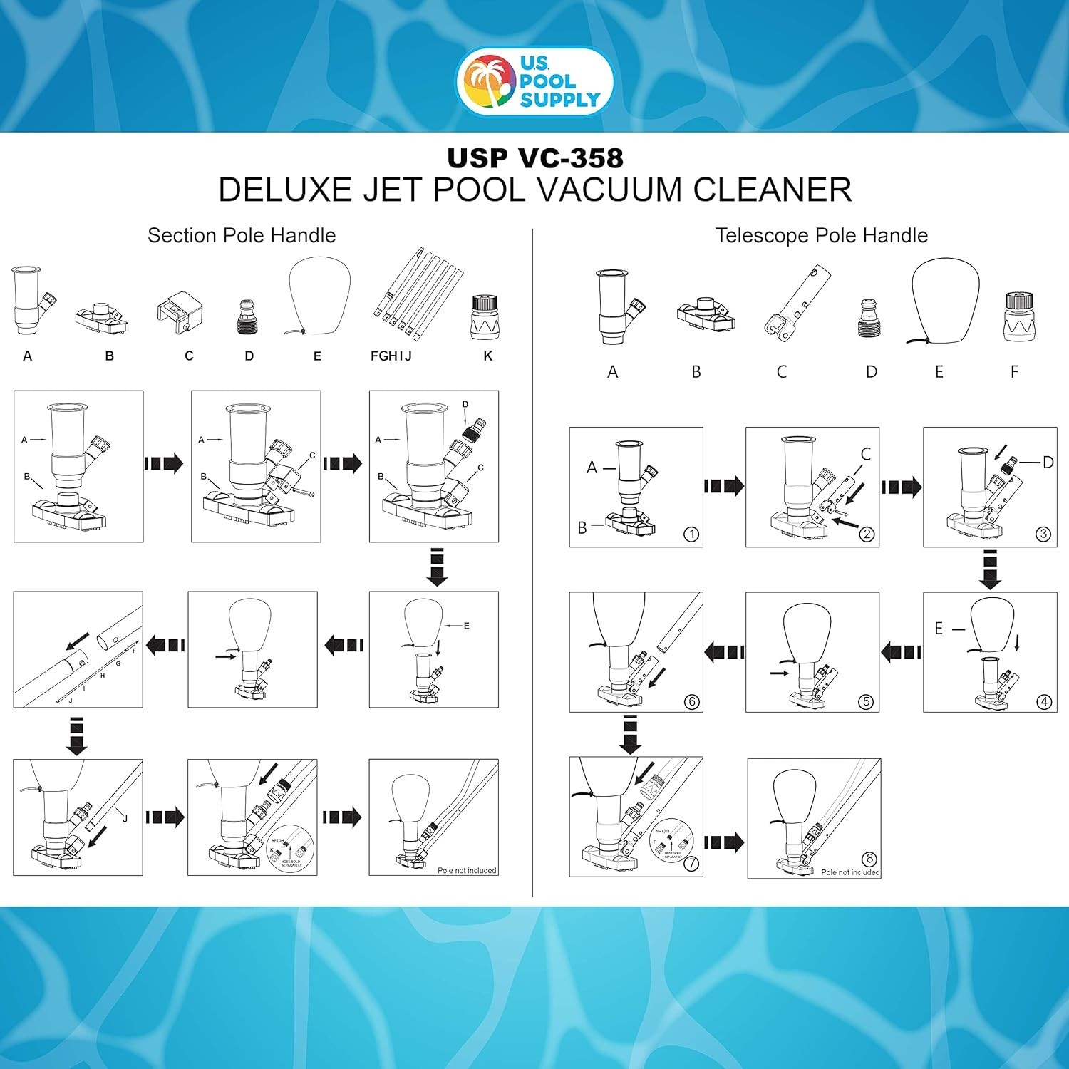 Pool Leaf Vacuum – 5 Section Pole, Telescopic Attachment