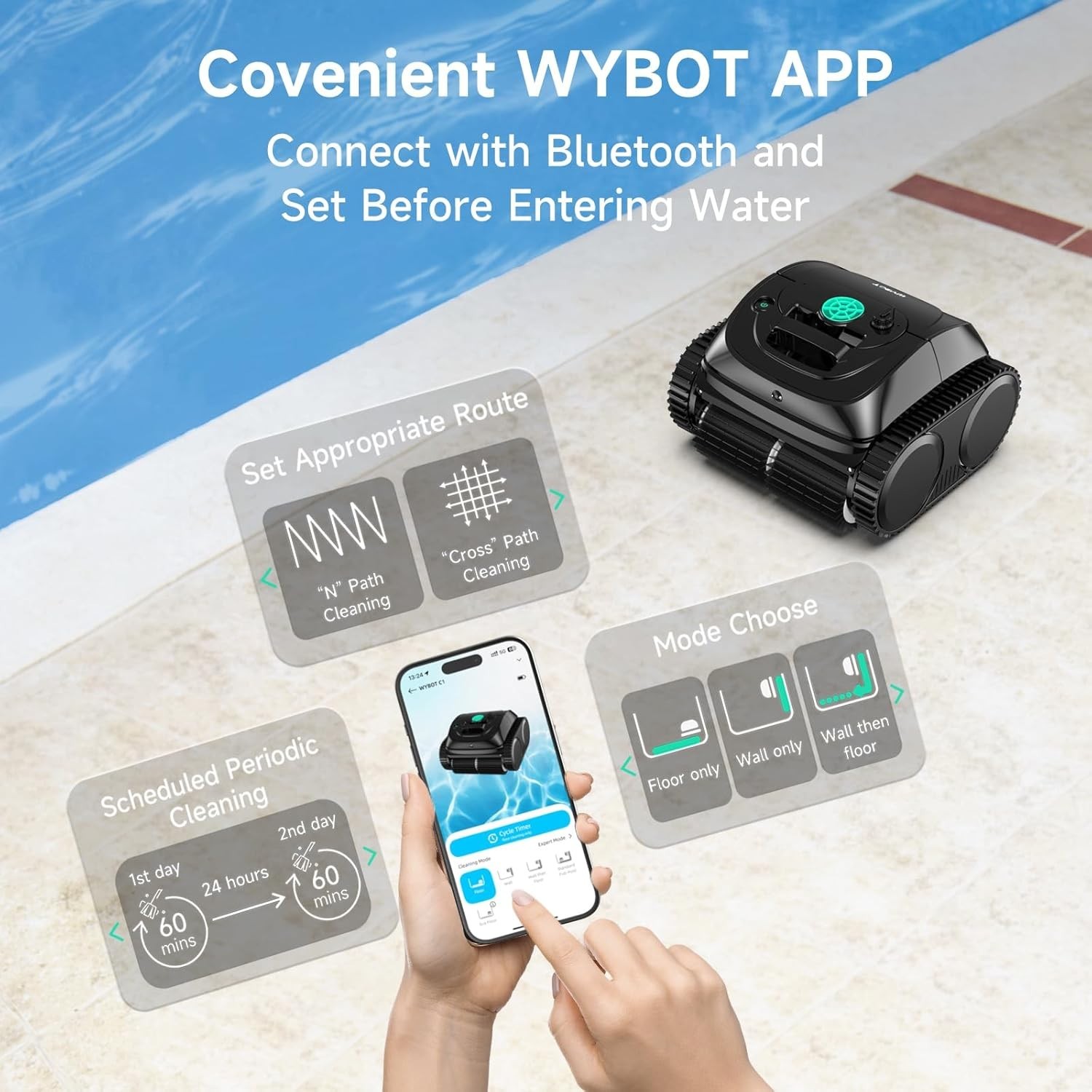 WYBOT C1 Wall Climbing Pool Vacuum Robot Cordless Robotic Pool Cleaners Inground