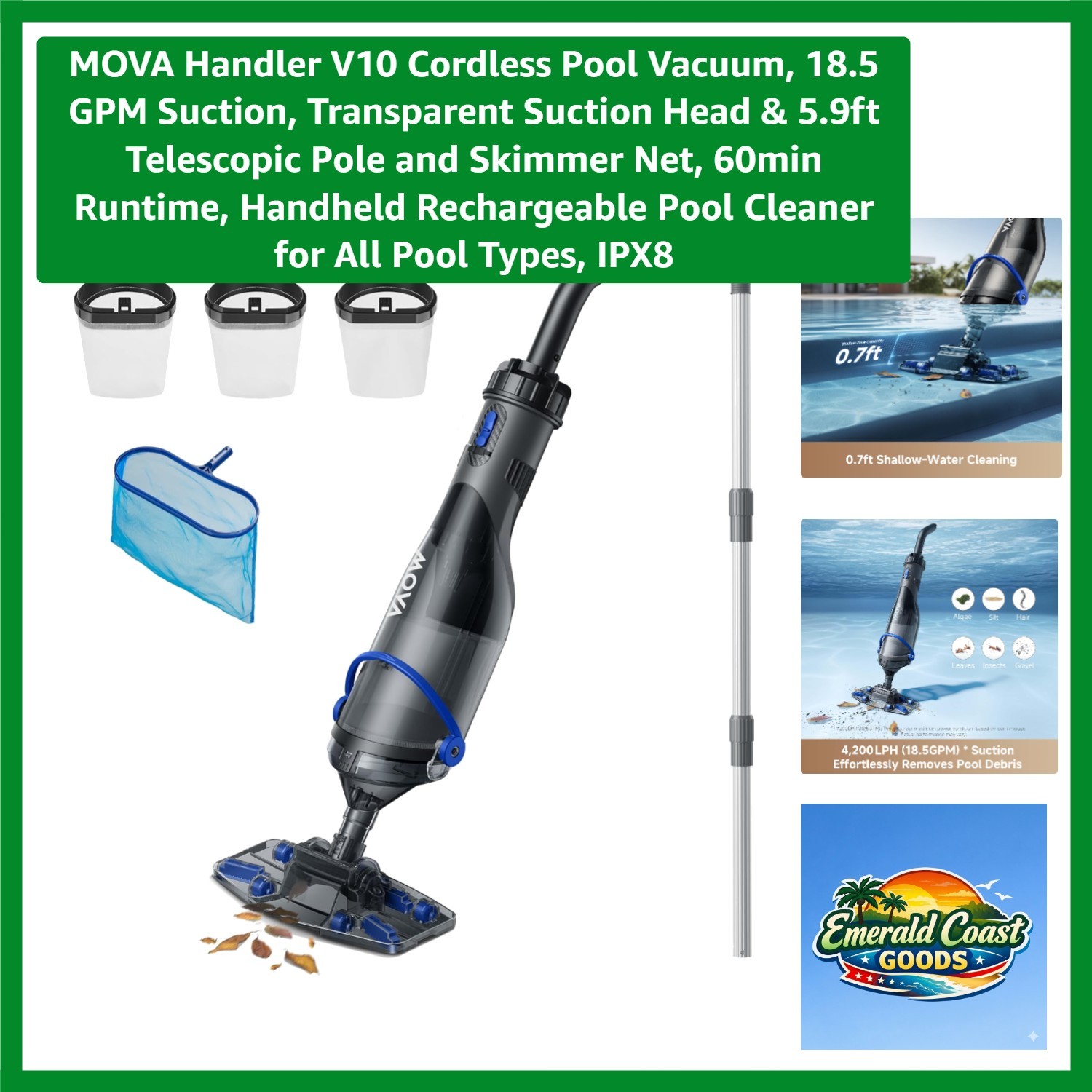 Handler V10 Rechargeable Pool Cleaner – 60min Runtime, Transparent Suction Head
