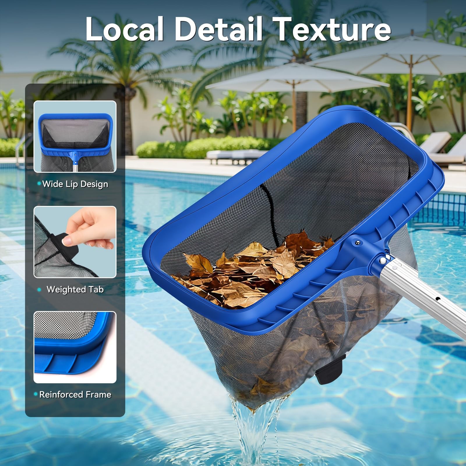 Pool Skimmer Net Heavy Duty Diamond Mesh Leaf Rake for Debris 15.5in Basket