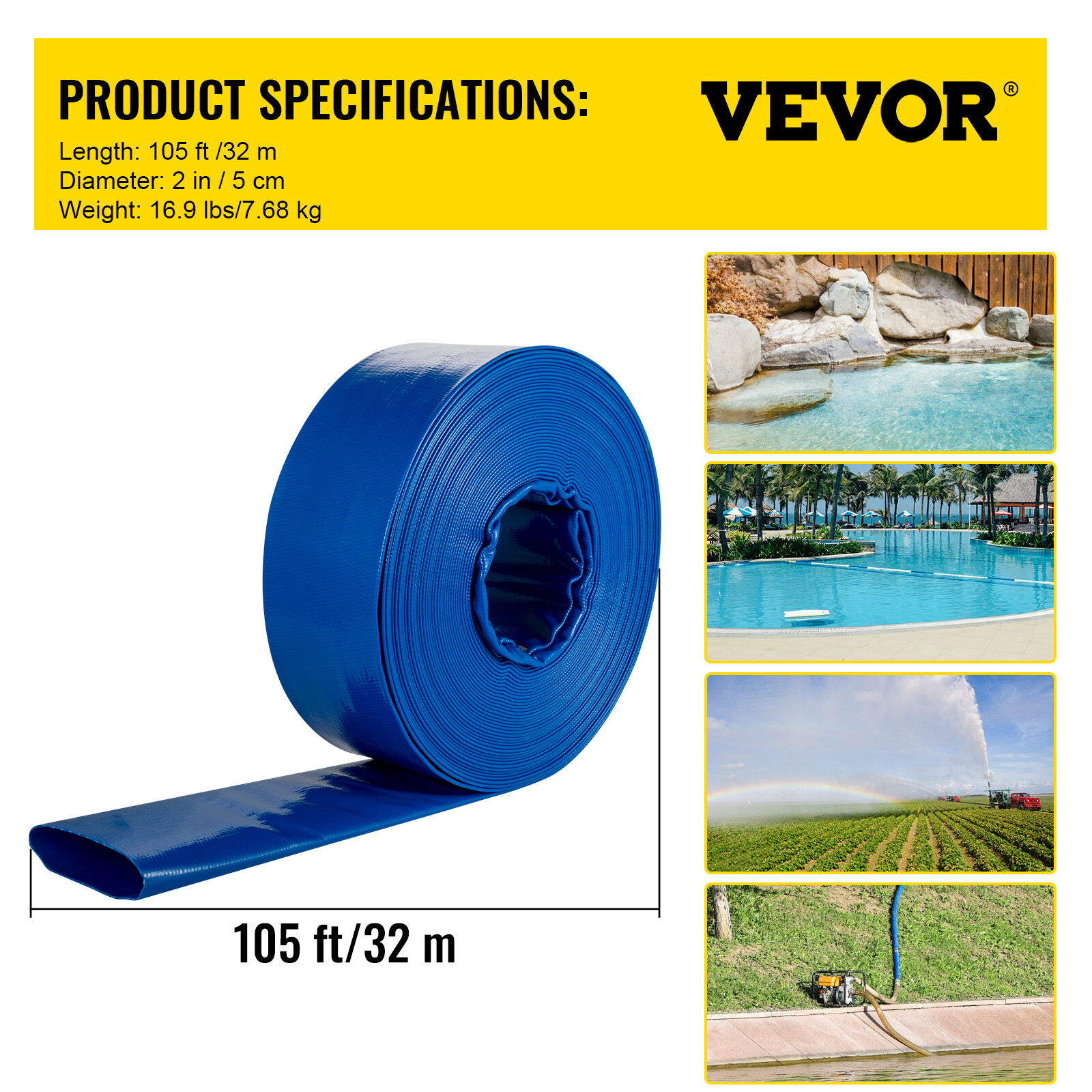 VEVOR Discharge Hose 2&Prime;x 105&prime; PVC Lay Flat Hose Backwash Drain Hose w/ Clamp