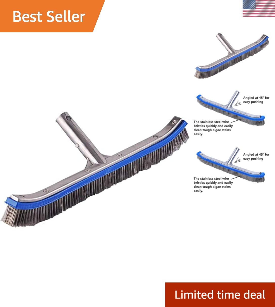 18-Inch Heavy-Duty Pool Brush with Stainless Steel Bristles & EZ Clips