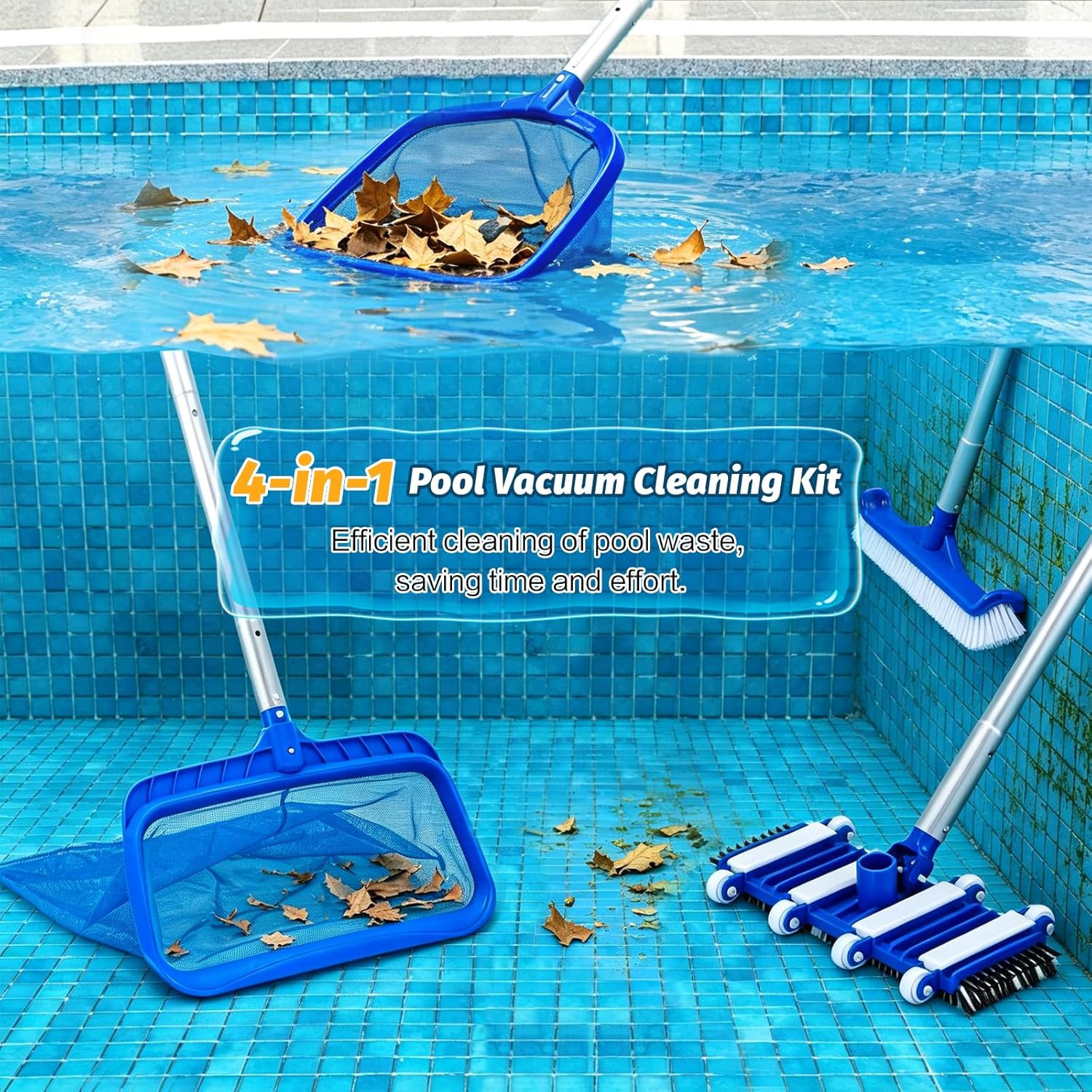 4-in-1 Pool Vacuum Cleaning Kit with 8.8ft Pole & Skimmer Nets for All Pools