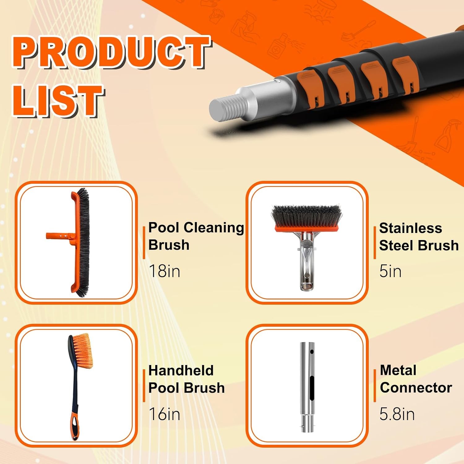 SISIUPASSIE Pool Brush Kit with Pole, Upgrade 18" Pool Brush and