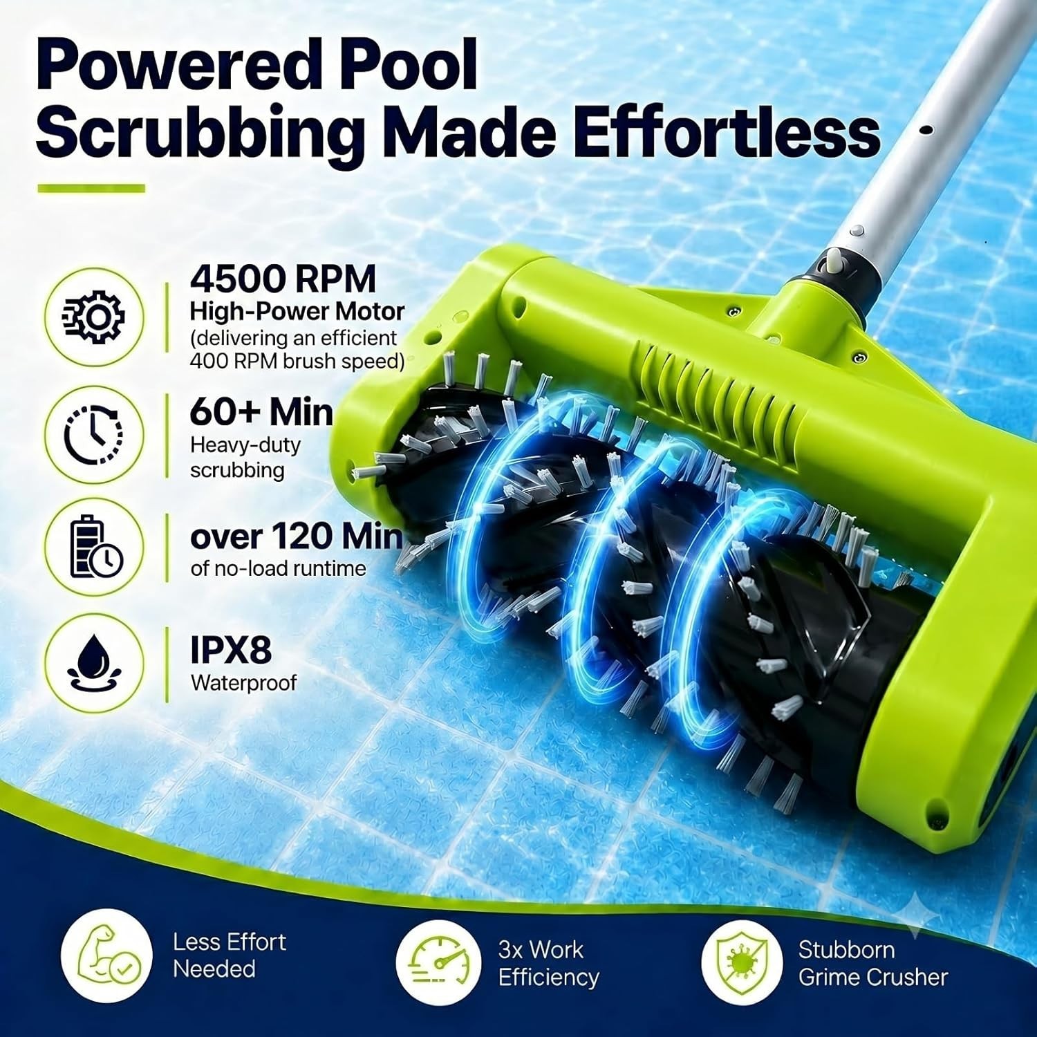 Electric Pool Brush Head Cordless Motorized Waterline Wall Cleaner Green