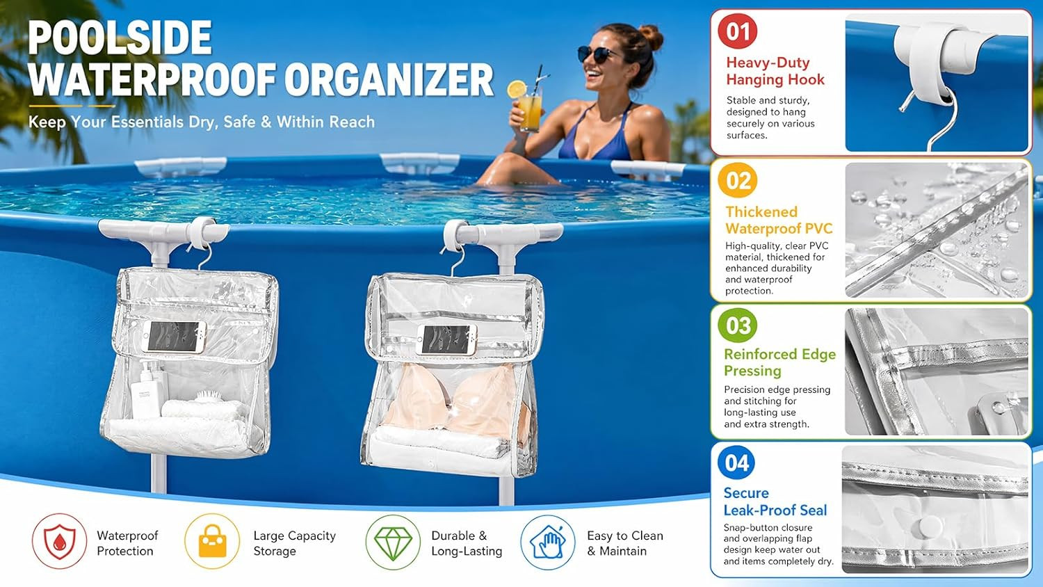Poolside Storage Organizer for above Ground Pools, Hanging Bag for Pool Floats,