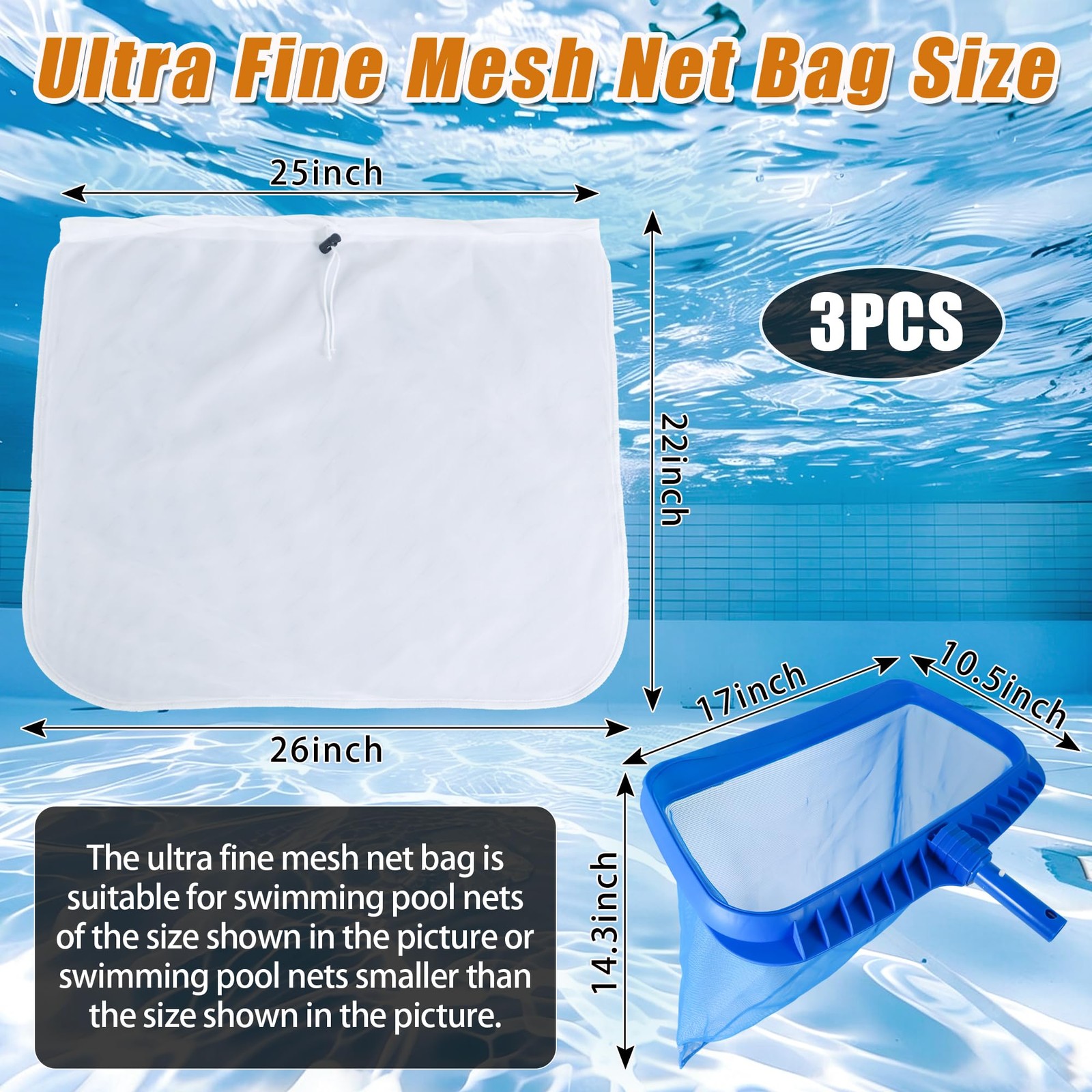 3Pcs Ultra Fine Mesh Pool Skimmer Net – 26&Prime;x22&Prime; Adjustable Large Deep Nylon L…