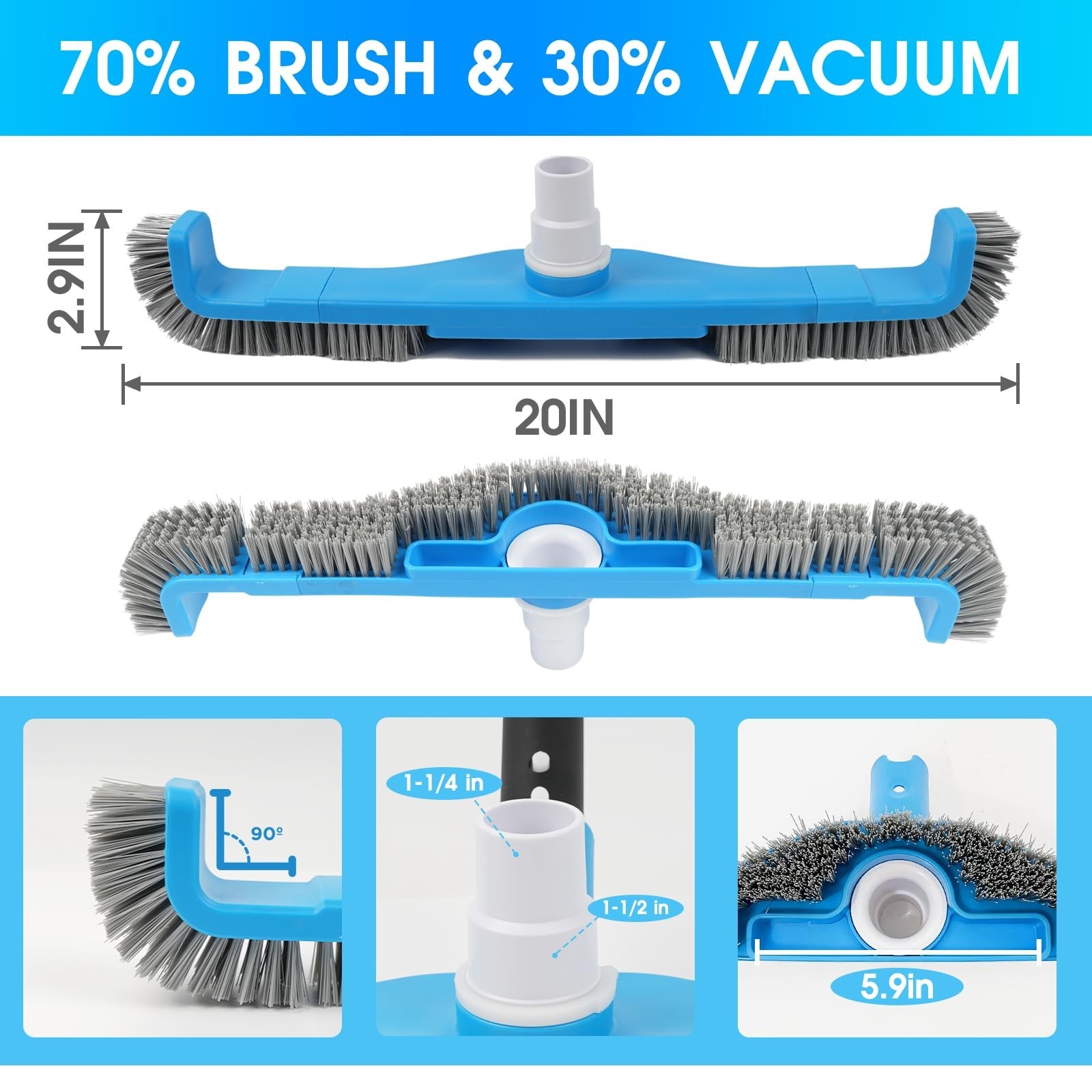 20&Prime; 2-in-1 Pool Brush Vacuum Head with Swivel Hose for Heavy Duty Cleaning