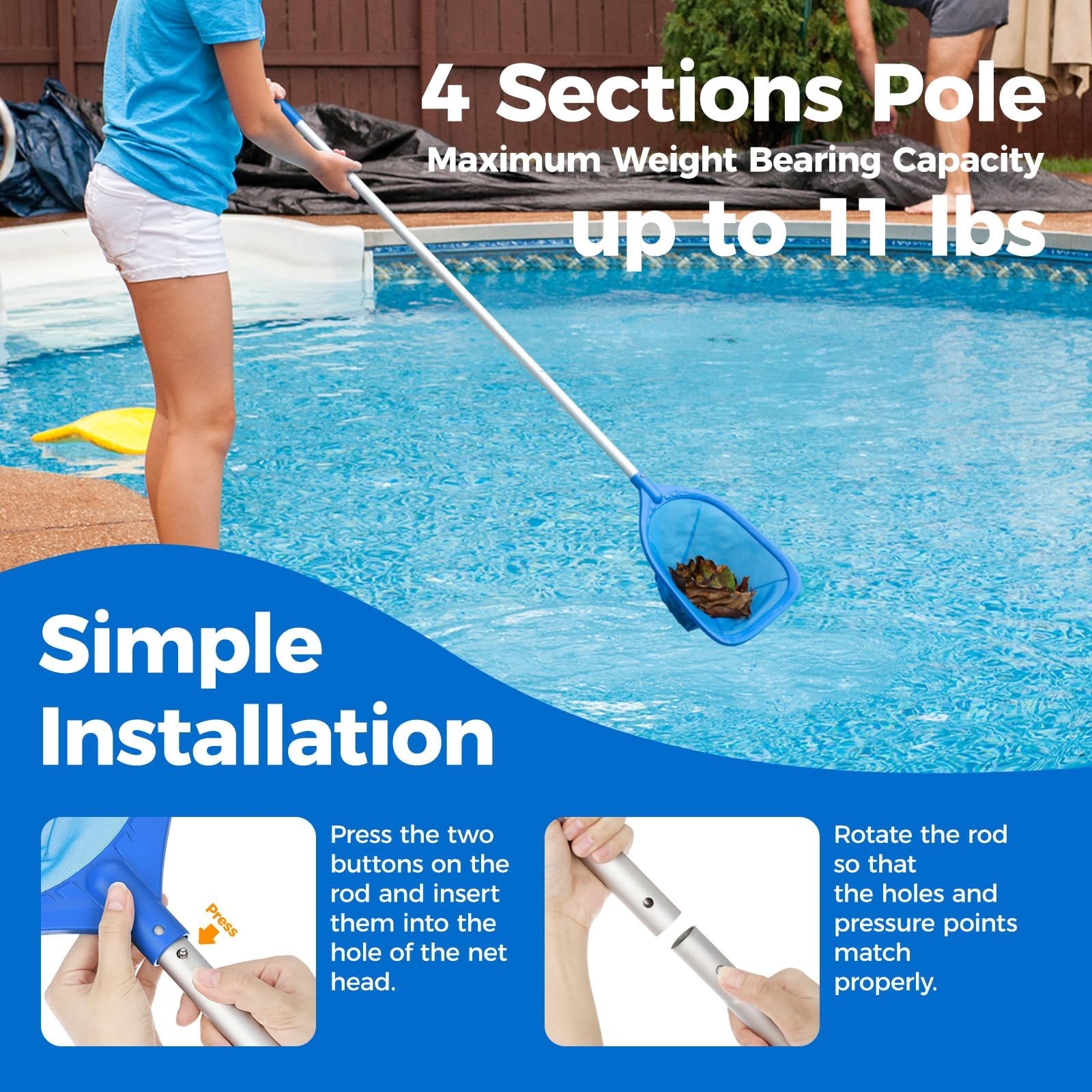 Aluminum Pool Skimmer 4 Section Pole, Fast Cleaning Net 57&Prime;, Blue
