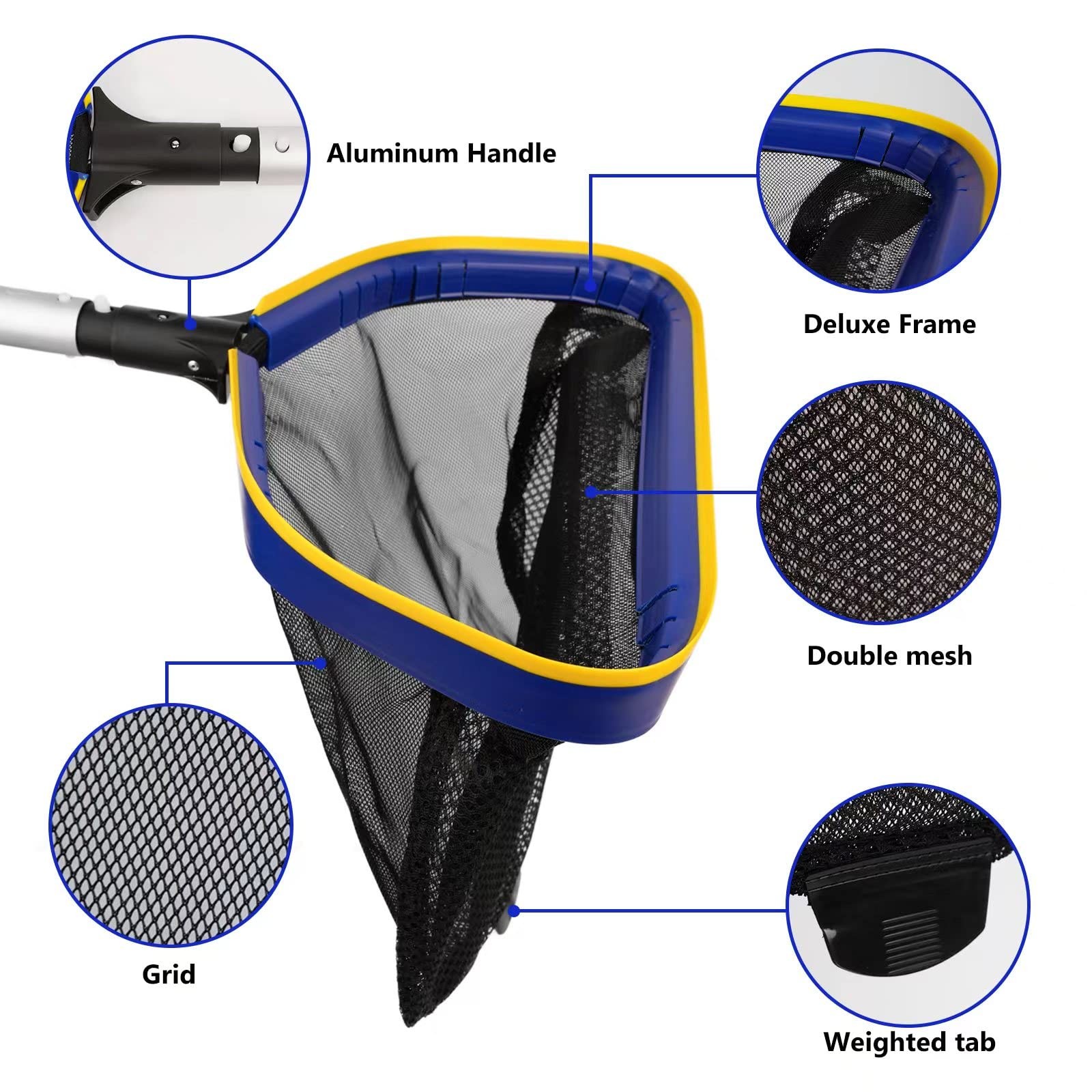 Pool Deep Skimmer Net with 3Ft – 10Ft 1.0Mm Thick Adjustable Aluminum Pole & Fin