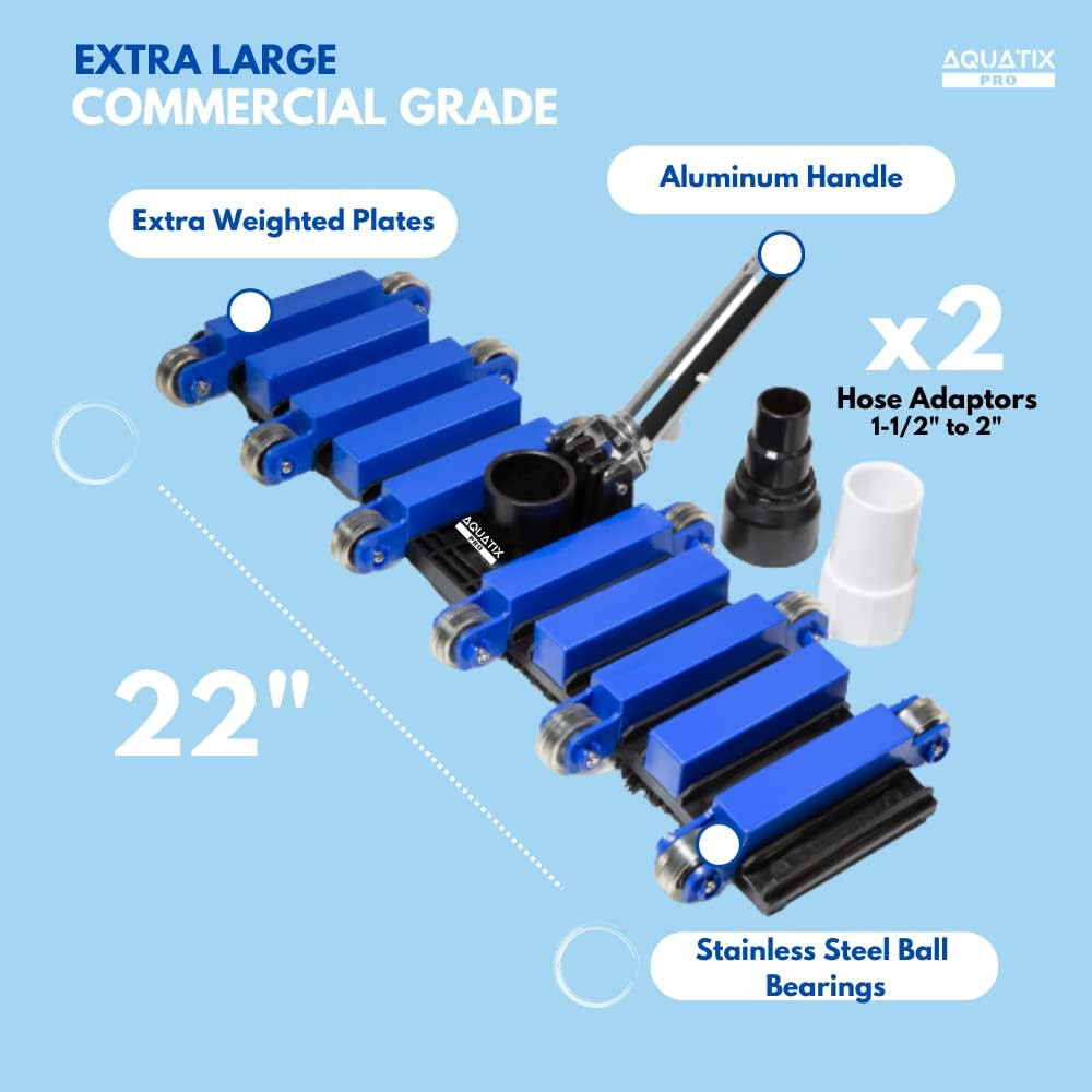 Pool Vacuum Head, 22&Prime; Extra Large Commercial Grade, 10 Weighted Plates, 2 X Hose