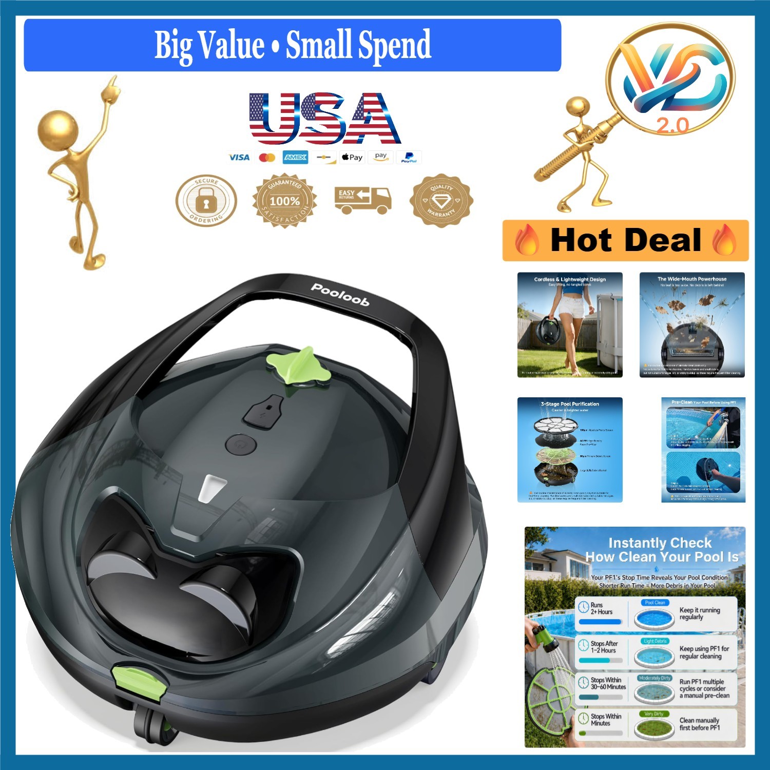 PF1 Cordless Pool Vacuum Cleaner Robot for Above & In-Ground Pools