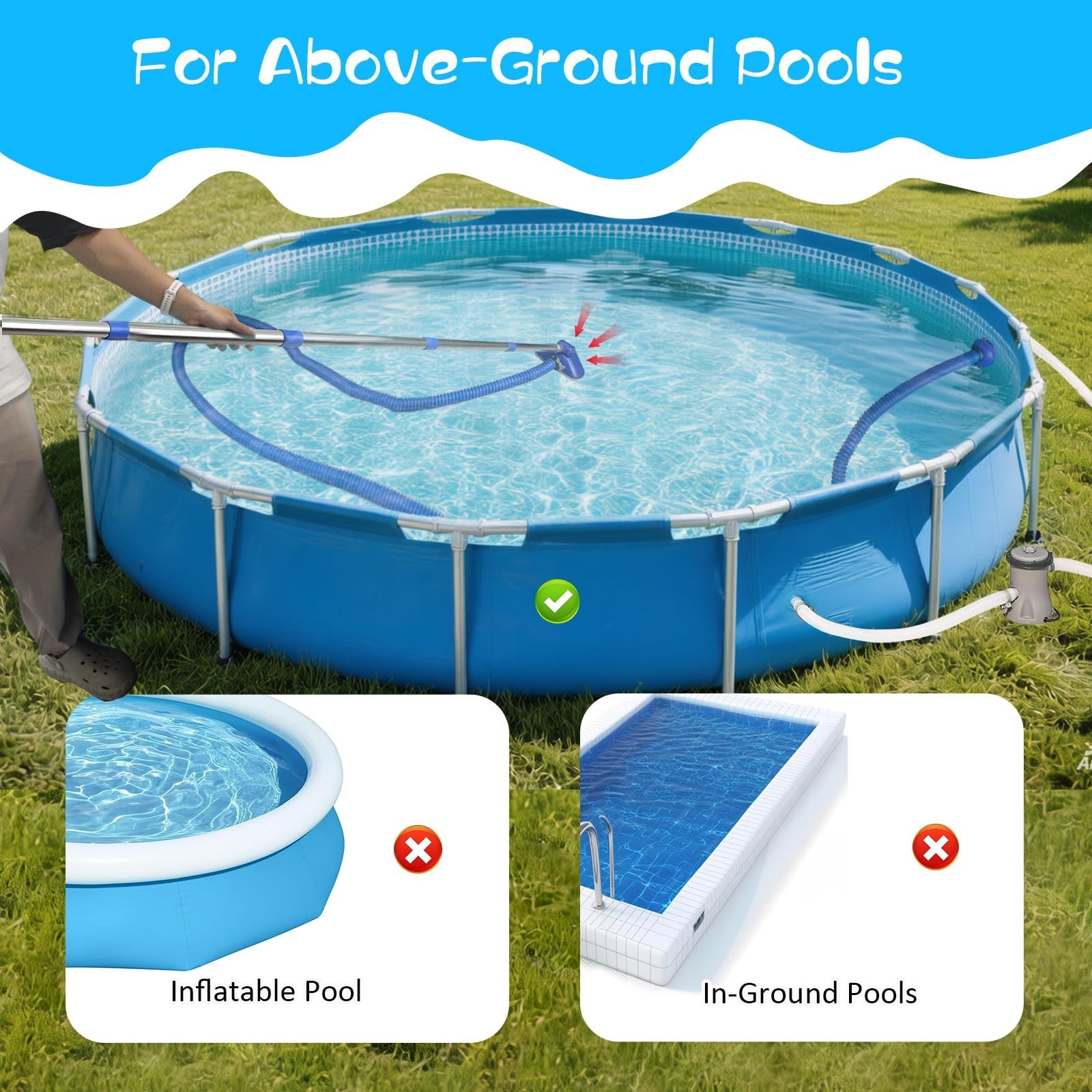 Non-Electric Pool Vacuum Cleaner for Small Above-Ground Pools, 13FT Hose, 8FT Po