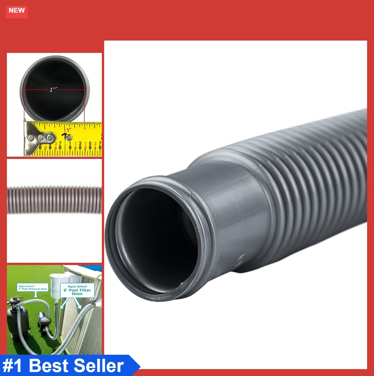 Pool Filter Vacuum Hose 1.5 Inch 12 Feet Flexible Durable Suction Above Ground
