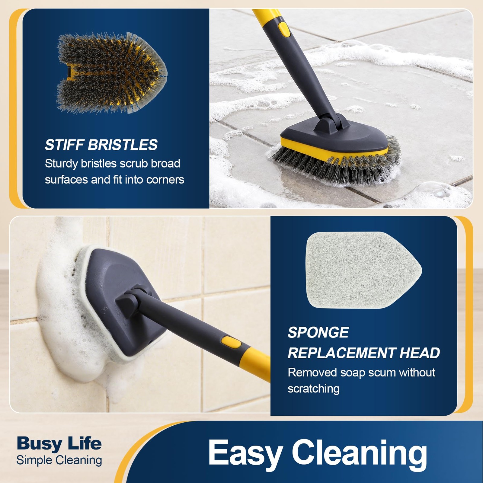 Long Handle Scrubber Brush For Tub Tile Shower Floor Corner Cleaning Stiff Brist