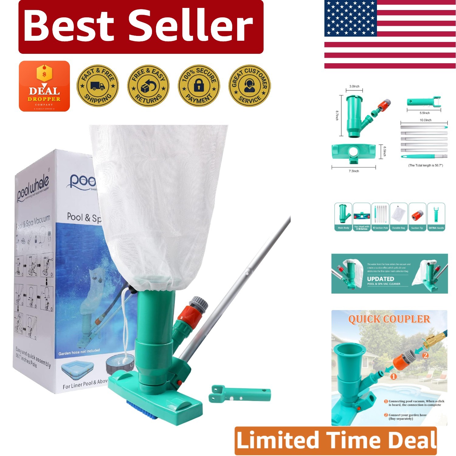 High Suction Pool Vacuum Cleaner with Telescopic Handle – No Electricity Needed