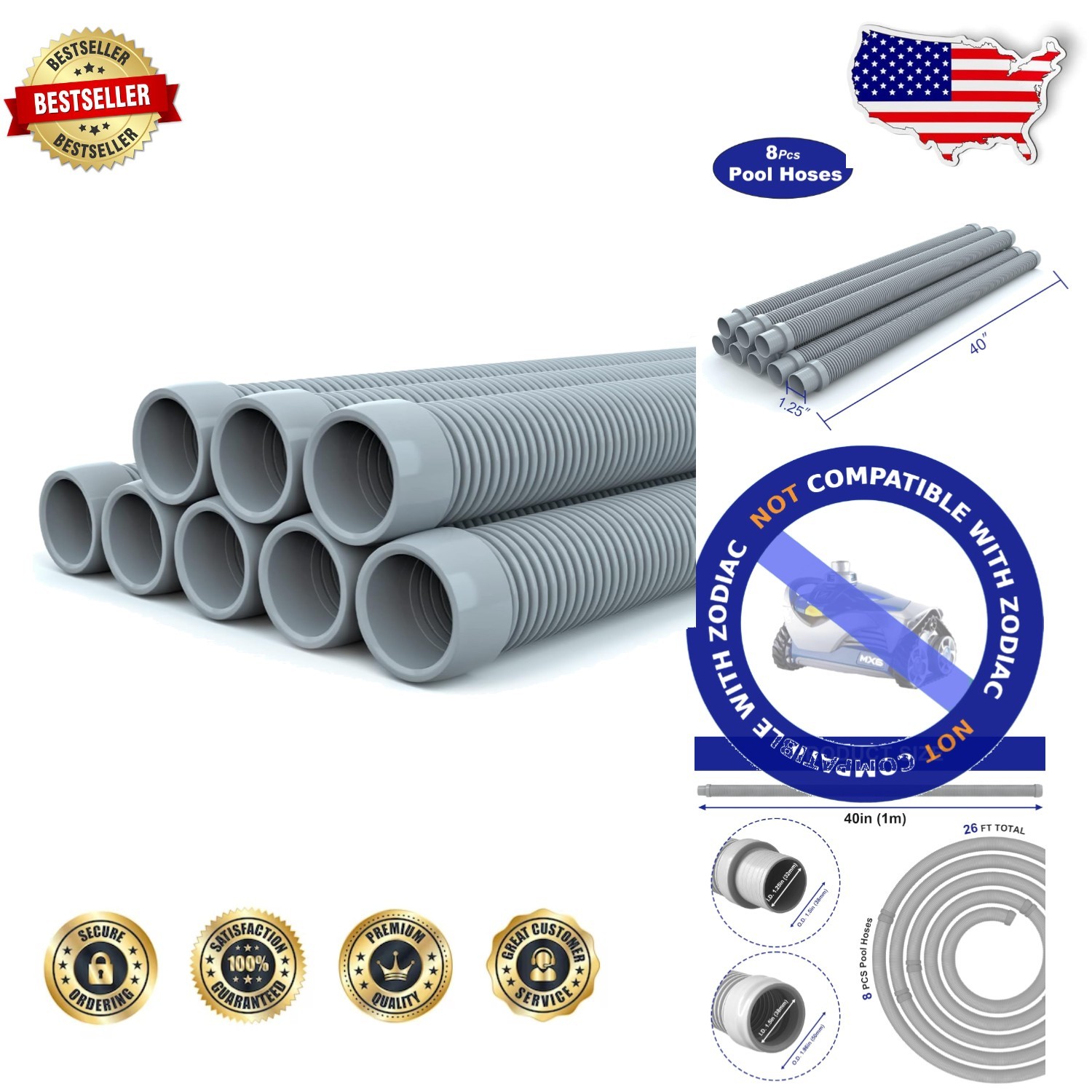 Professional Pool Vacuum Hose 26ft 1.5&Prime; 8-Piece Extension Grey Plastic