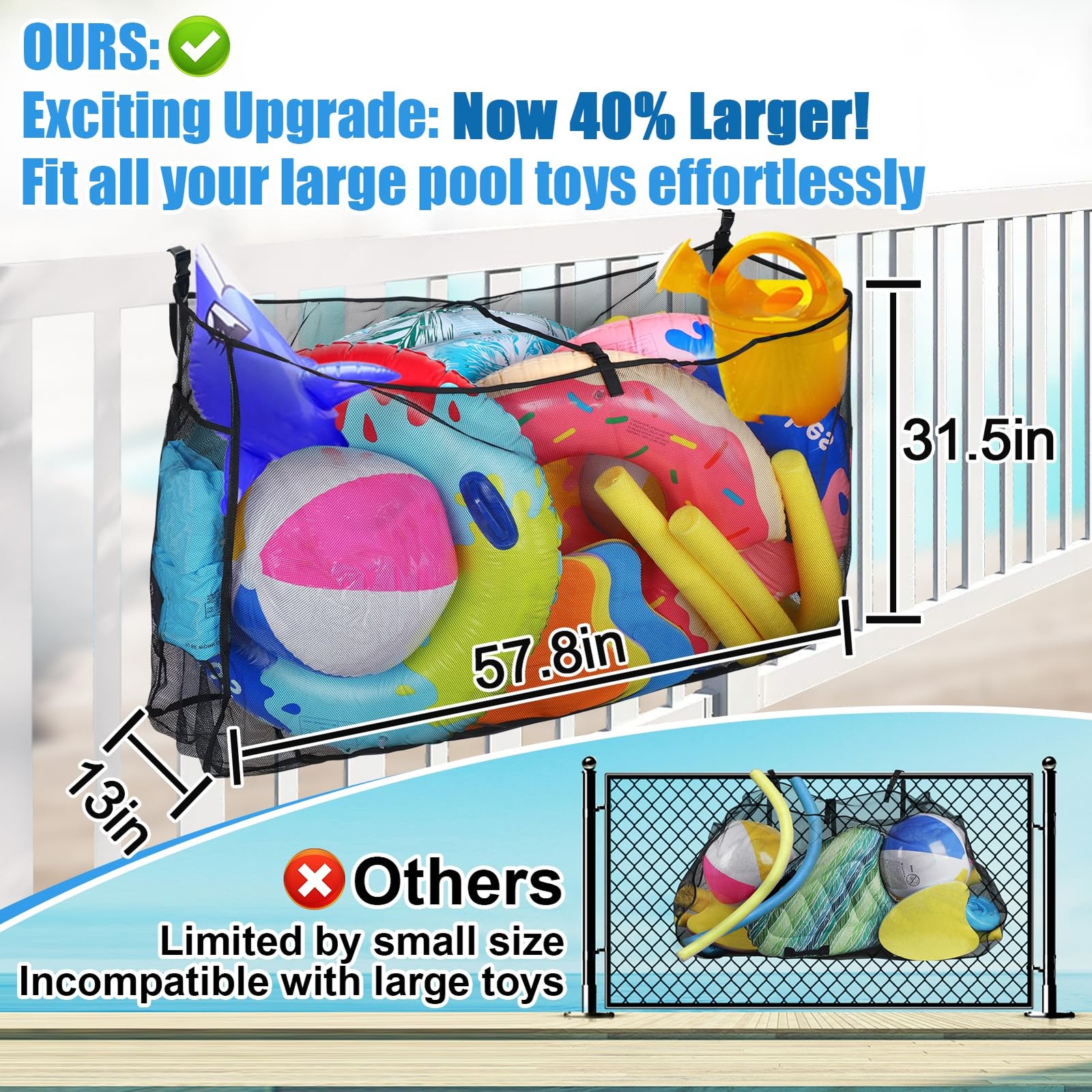 PAMASE Pool Float Storage Bag – 58×31.5x13in Large Hanging Pool Toy Storage Mesh