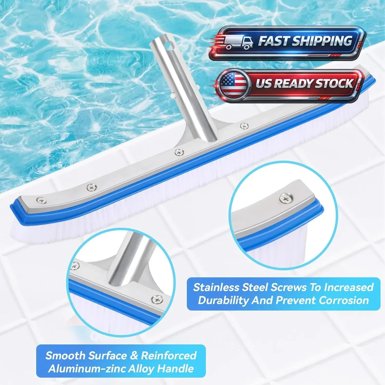 17&Prime; Pool Brush Head for Cleaning Swimming Pool Walls, Curved Ends HighEfficie…