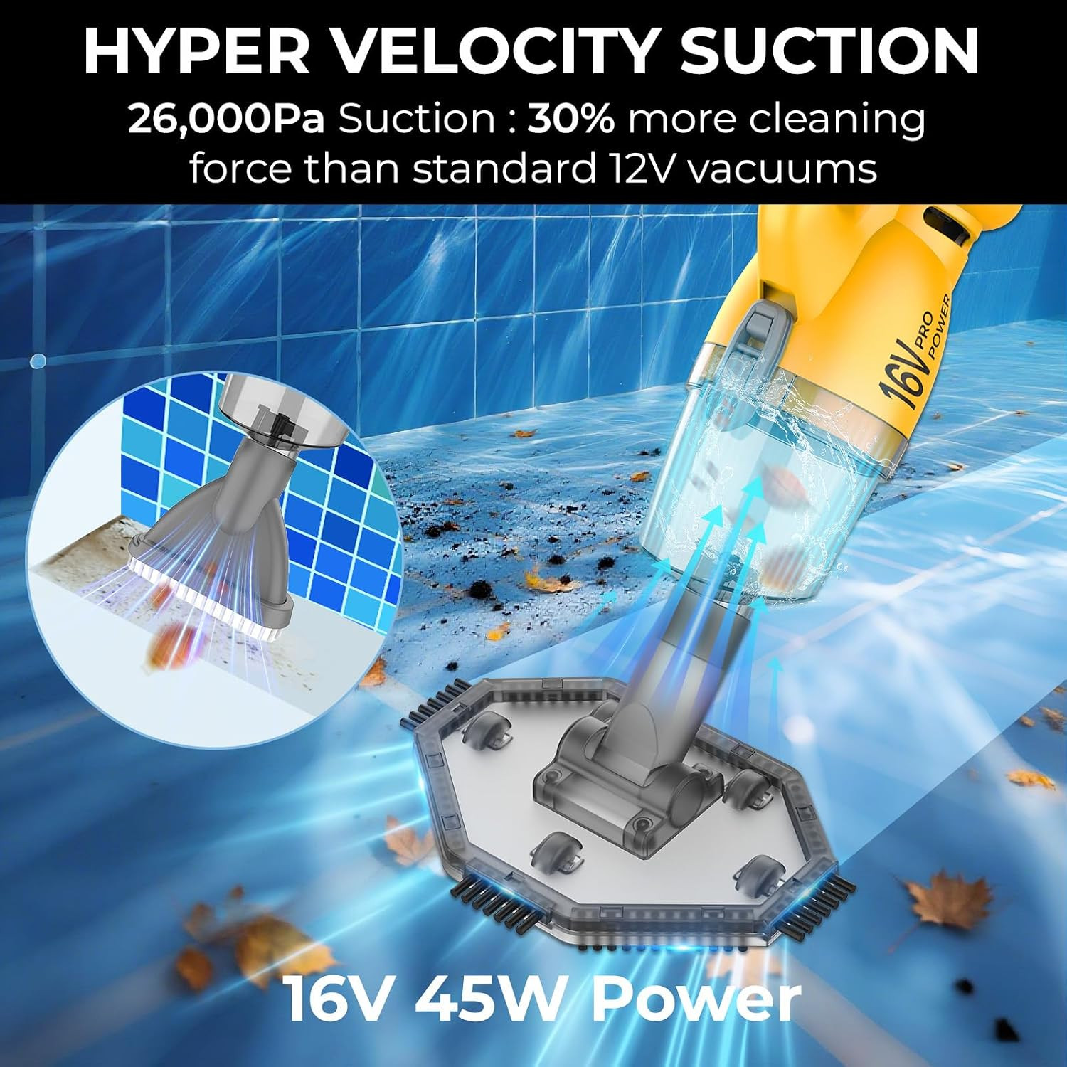 16V Cordless Handheld Pool Vacuum – 26,000Pa Hyper Suction, 3-Stage 3D Fiber Bal