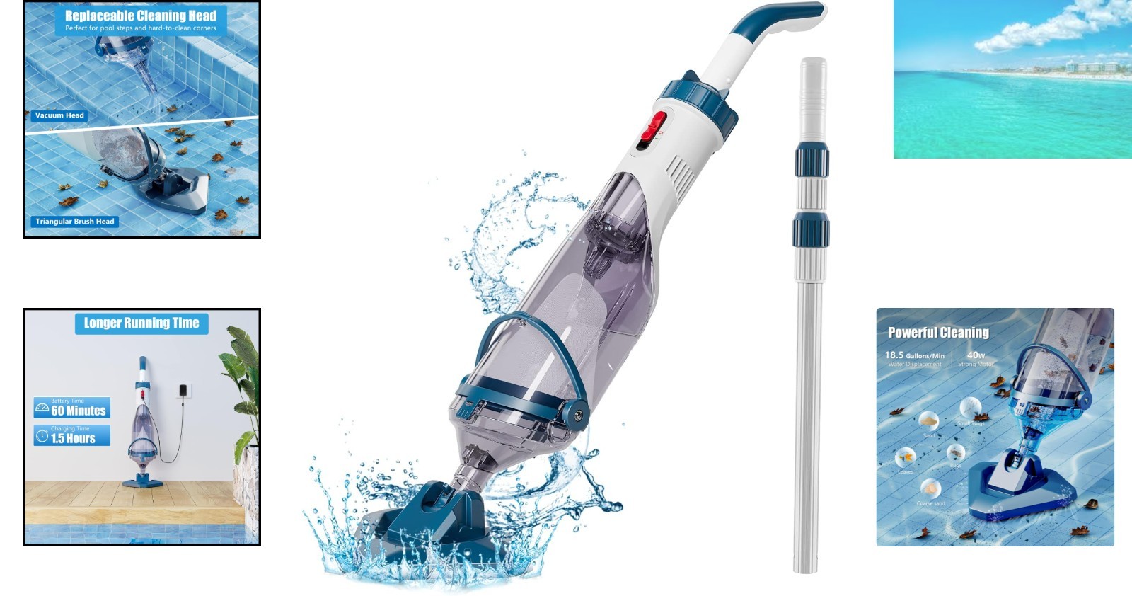 Cordless Pool Vacuum Cleaner PC10: Rechargeable, Powerful Suction up to 18.5 GPM