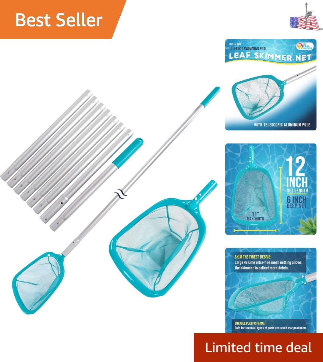 11.5 Foot Swimming Pool Leaf Skimmer Net with Telescopic Aluminum Pole, 8 Sec…
