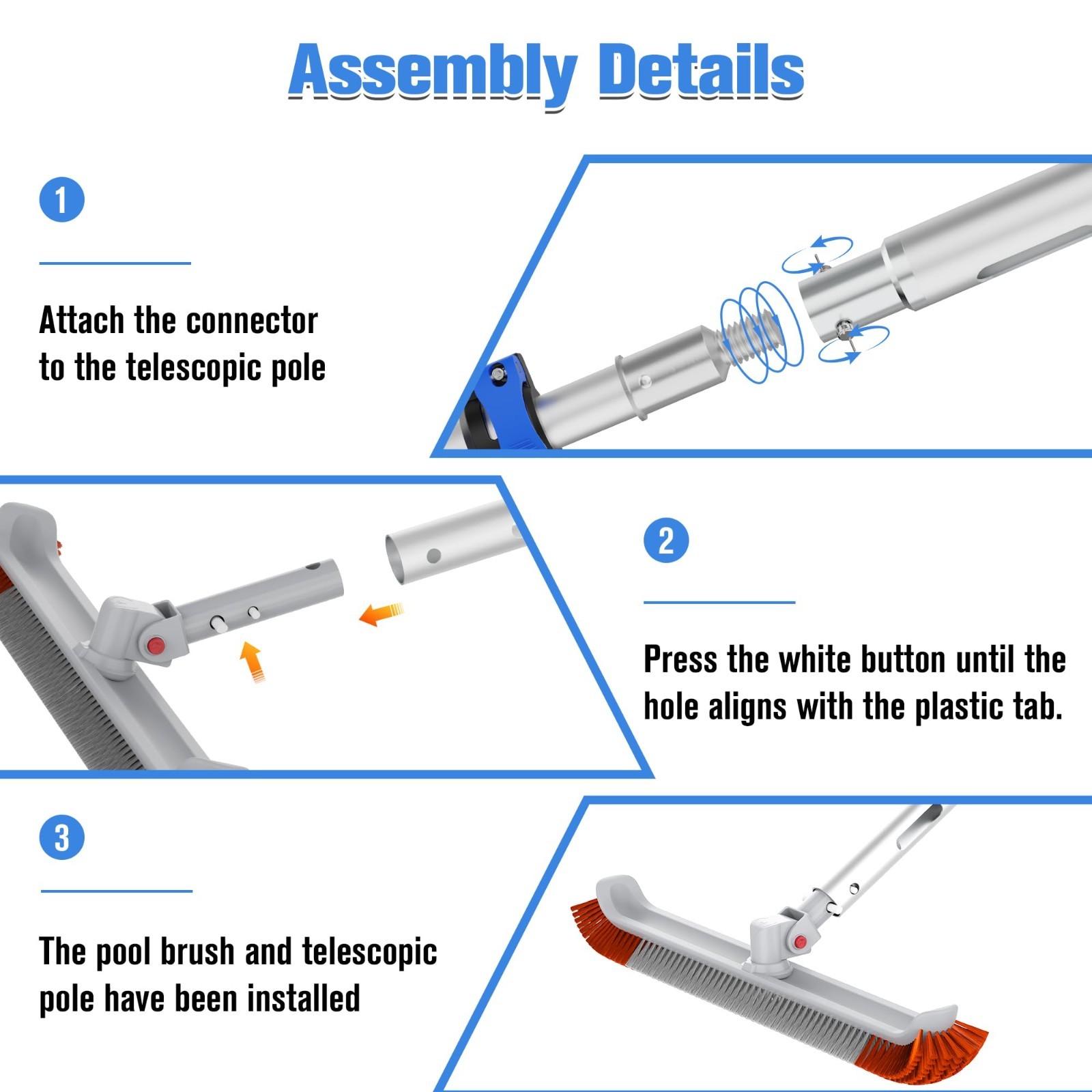 Telescopic Pool Brush 3-12FT, 18&Prime; Cleaning Tool for Walls & Floors, Dual Lock