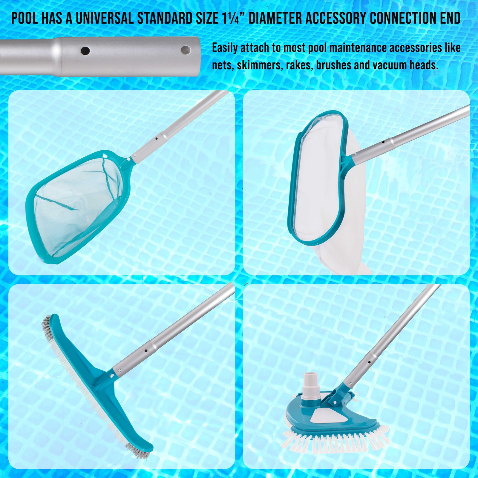 10.5 Foot Aluminum Telescopic Swimming Pool Pole, 8 Sections, Attach Accessories