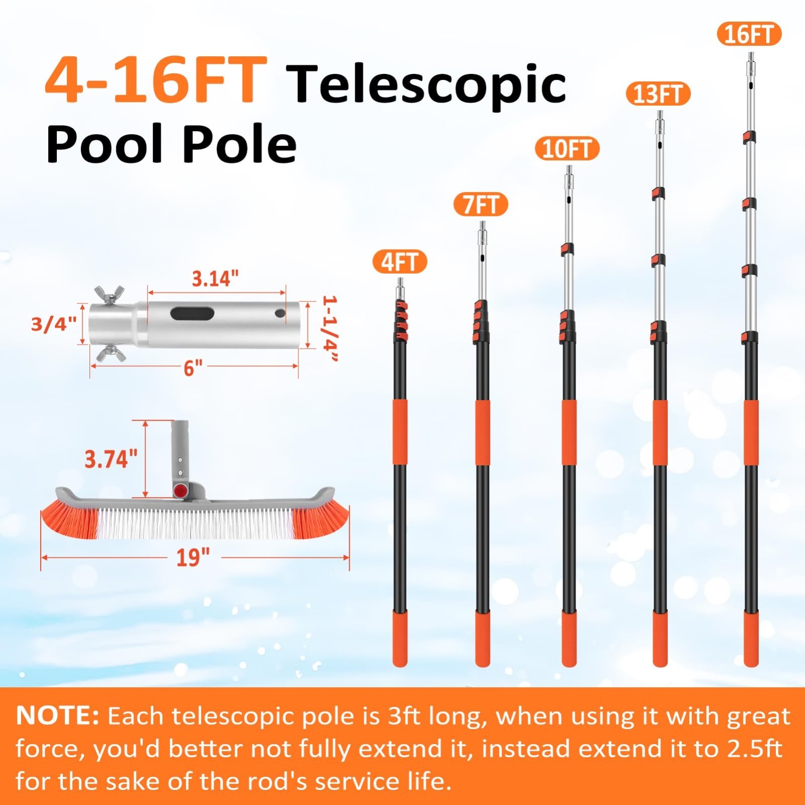 16FT Telescopic Pool Brush & Pole – Heavy Duty 19&Prime; Scrubber for Walls & Floors
