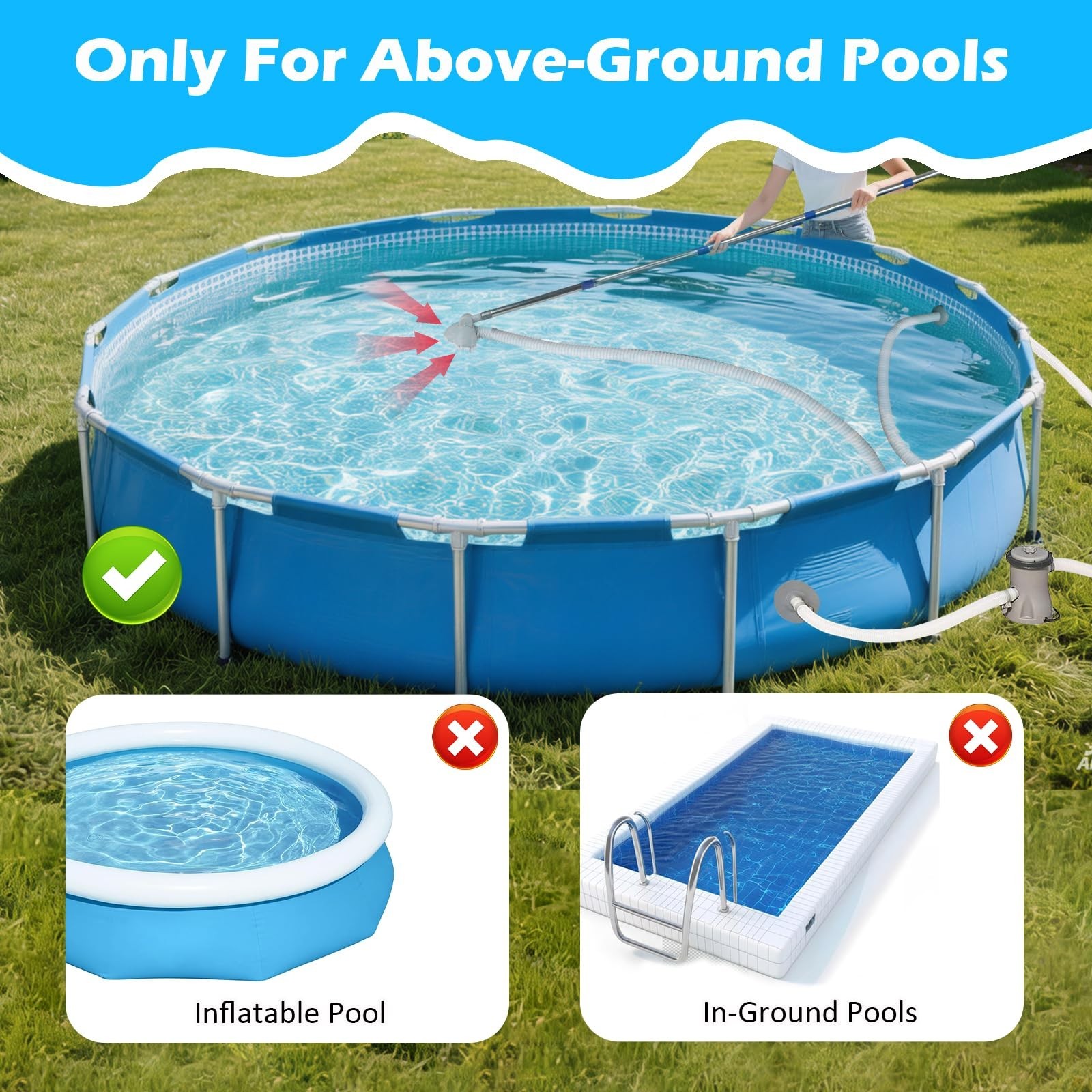 Handheld Pool Vacuum for Above-Ground Pools, Telescopic Pole & 13ft Hose, Cleane