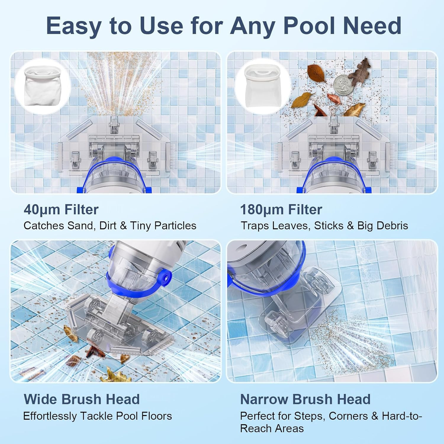 2026 Cordless Pool Vacuum with Telescopic Pole & 60 Min Powerful Suction