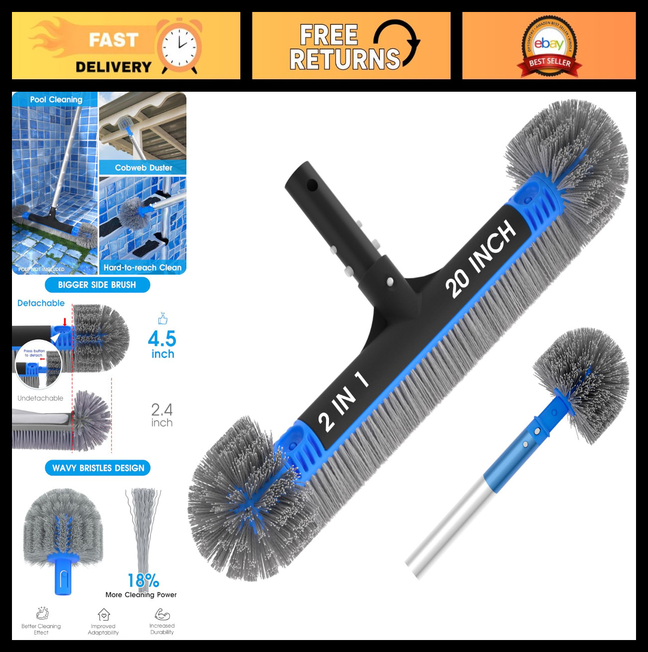 20&Prime; 2-in-1 Pool Brush Head & Cobweb Duster – Heavy Duty Cleaning Tool, EZ Clip,