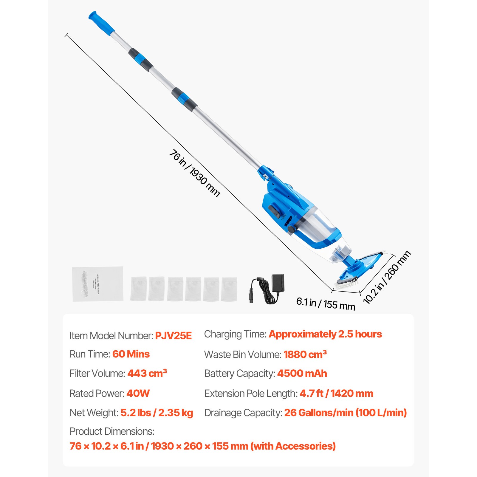 Uimoso Rechargeable Pool Vacuum 26 GPM, 1-Hour Runtime, Includes Extension Pole