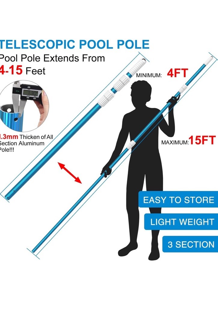 Aquatix Pro Swimming Pool Pole, 15 Foot, 1.3mm Commercial Thickness, Strong 3 &