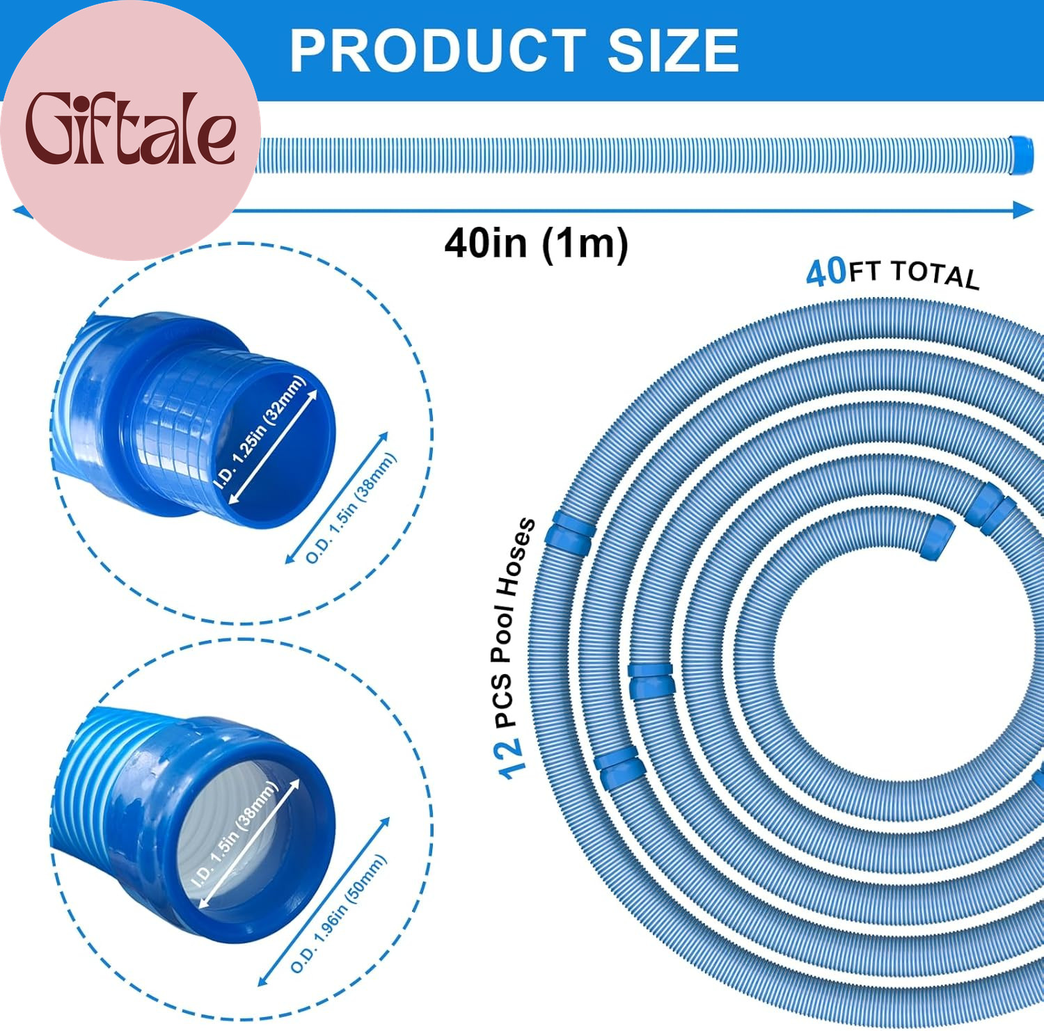Pool Vacuum Hose 40 Feet (12 X 40 Inch), 1.5 Inch Cuffs, Compatible with Most In