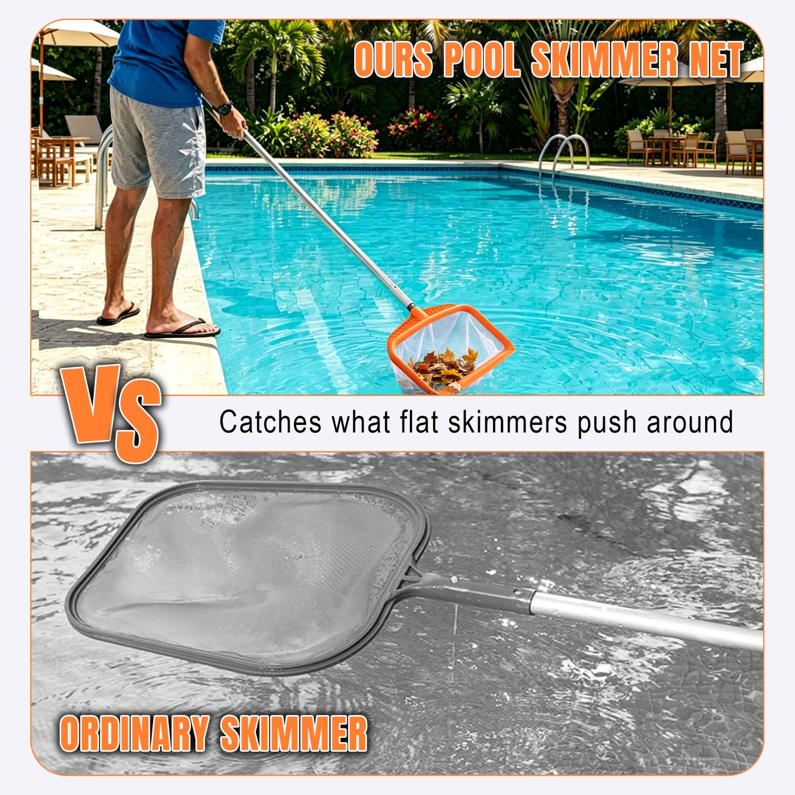 Pool Skimmer Net, Heavy Duty Swimming Pool Leaf Rake Plastic Frame w/ Nylon Mesh
