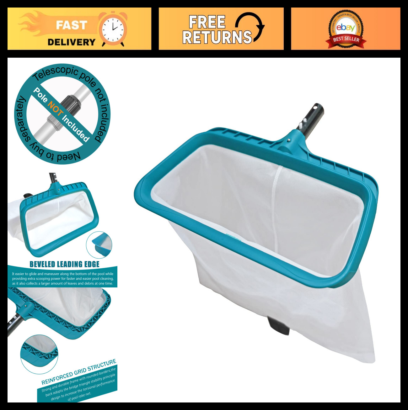 Heavy Duty Pool Skimmer Net – Fine Mesh Leaf Rake, Fast Cleaning Tool for Debris