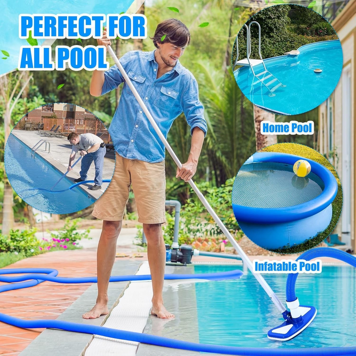 3-Piece Pool Vacuum Kit with Adjustable Pole & 18ft Hose – Clean Effortlessly