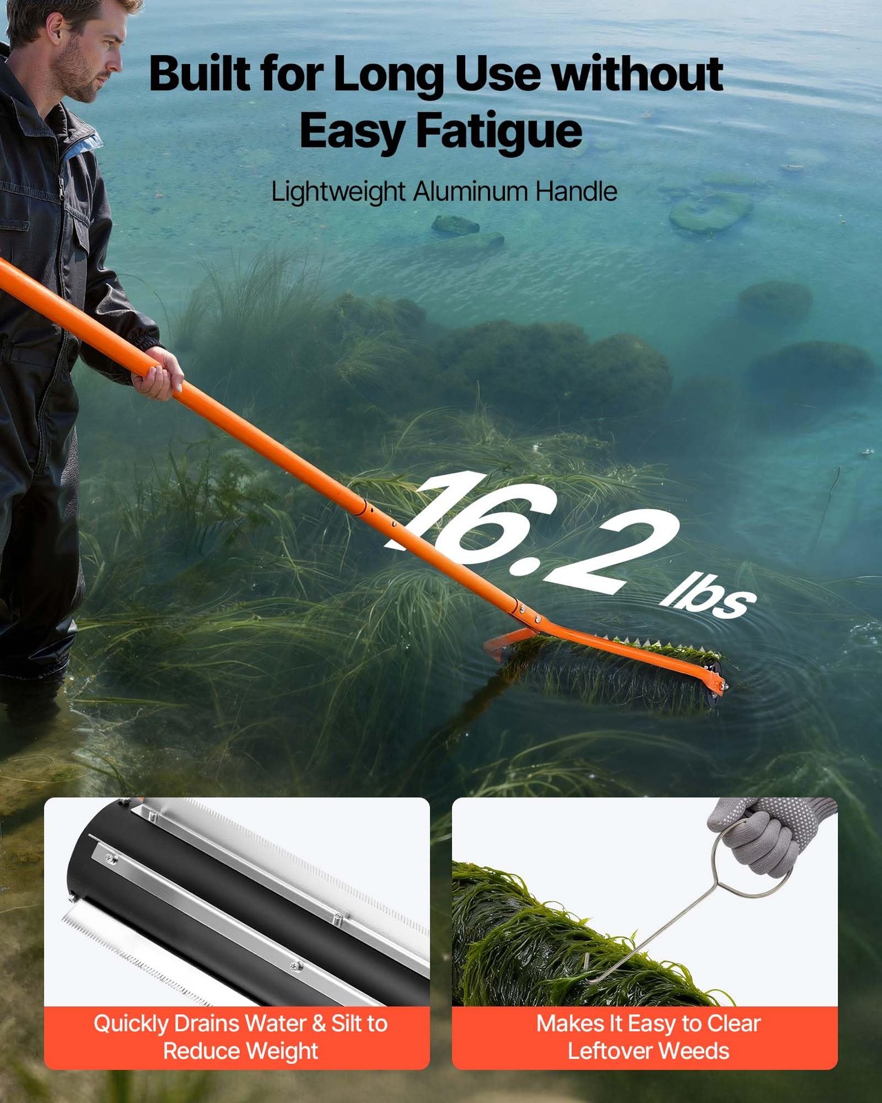 VEVOR Lake Weed Roller, 14.1 ft Stainless Steel & Pond Removal 14ft