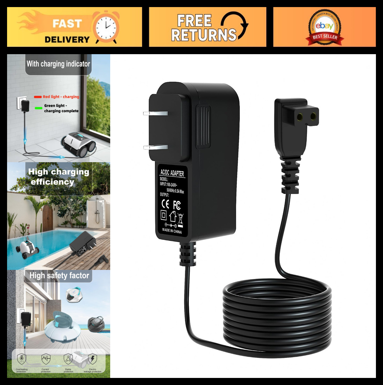 12.6V Pool Vacuum Charger, Compatible with Aiper Seagull 600 800 1000, Power Ada