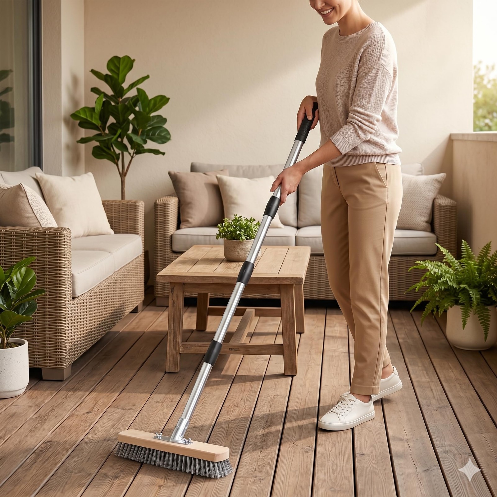 Heavy Duty Stainless Steel Scrub Brush with Long Handle for Concrete & Decks