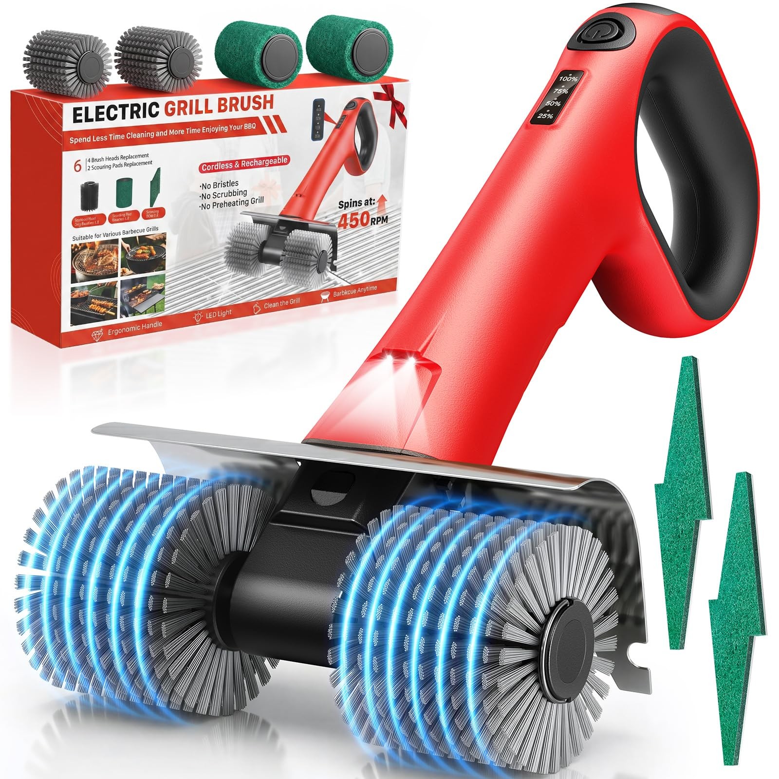 NeatLt Electric Grill Brush for Outdoor Grill, Cordless BBQ Cleaner Red