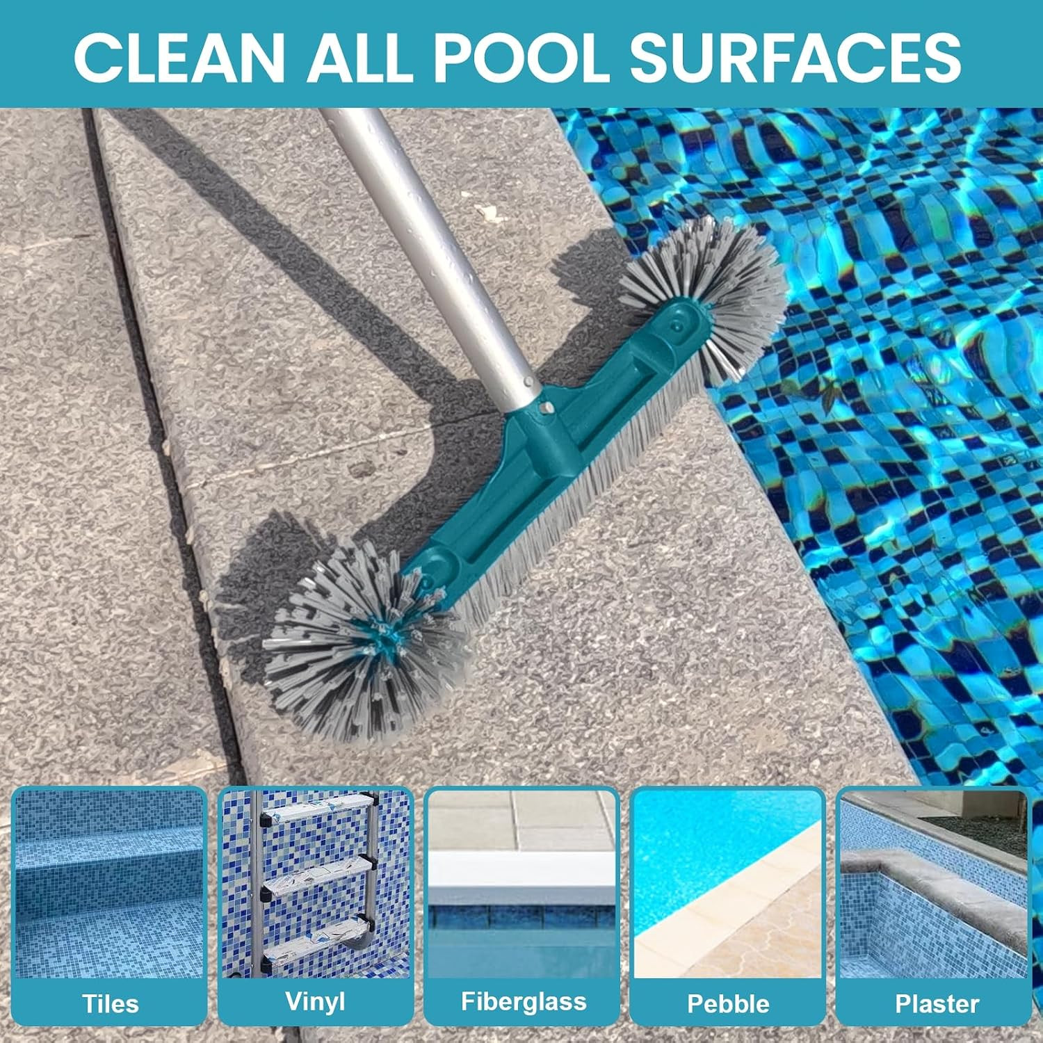 20” Pool Brush Head with Round Ends, Nylon Bristles, Extra Wide Plastic Pool Scr