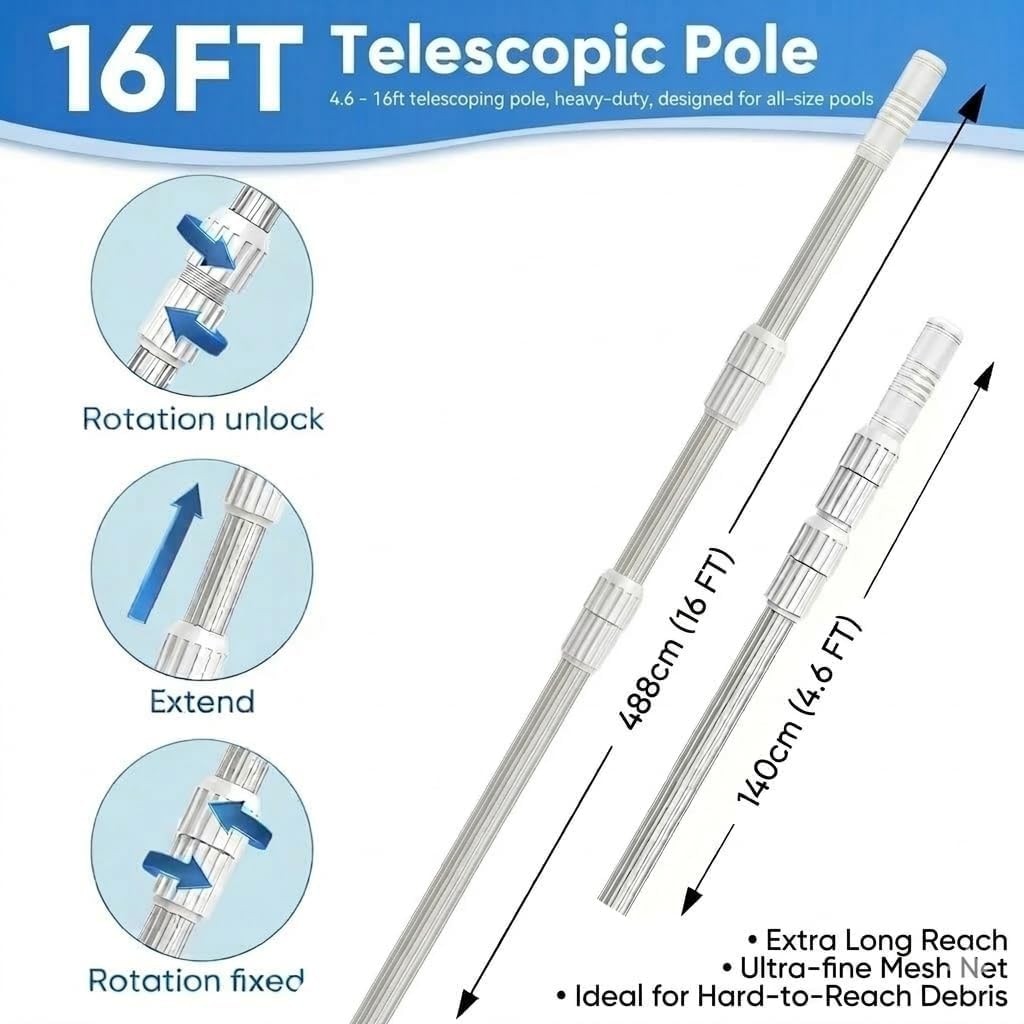 Pool Pole Telescopic, 16 FT Pool Skimmer Pole, Adjustable 3 Piece Aluminum Po…