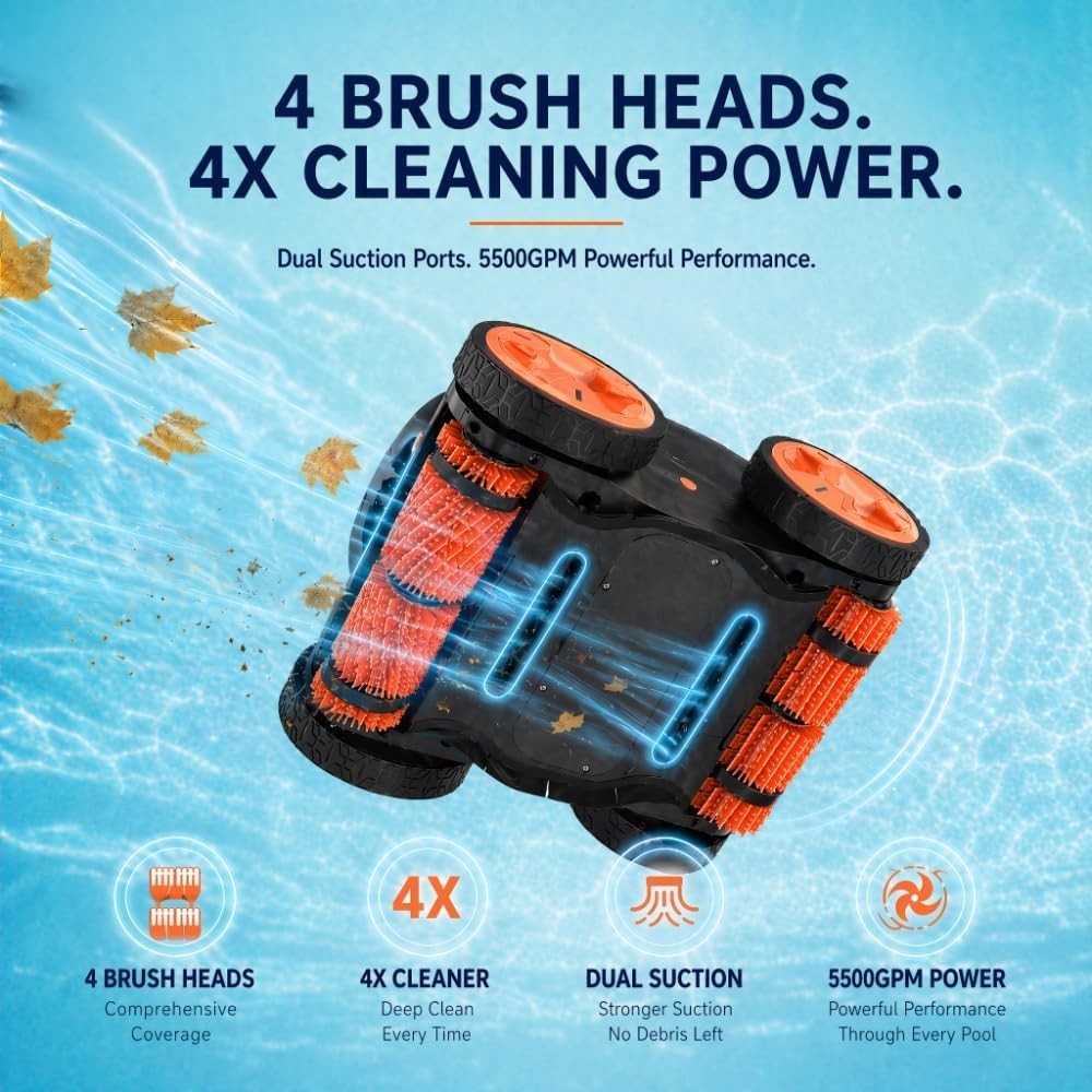 Cordless Robotic Pool Cleaner Remote Underwater Direct Control, 4-Motor 4WD