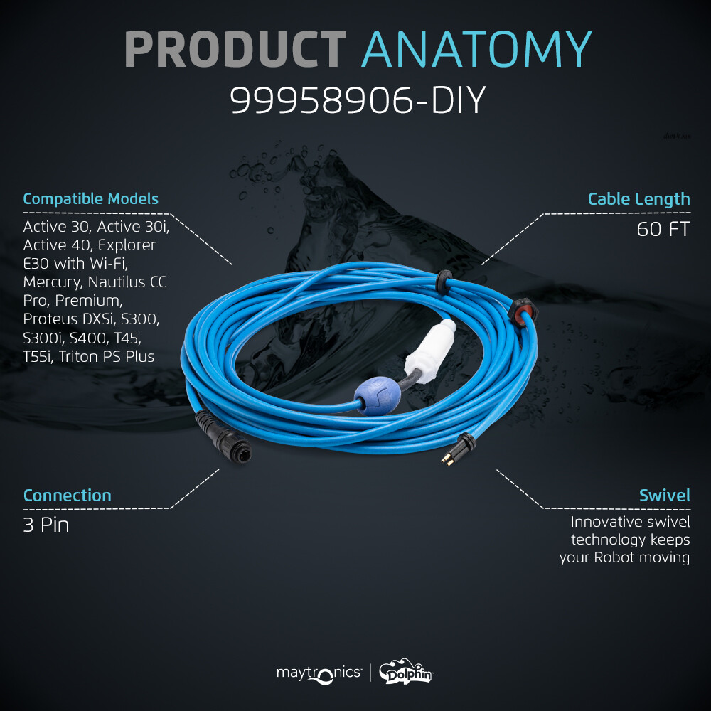 Authentic Dolphin Replacement Cable with Swivel (3 Wire) – 60ft, Maytronics
