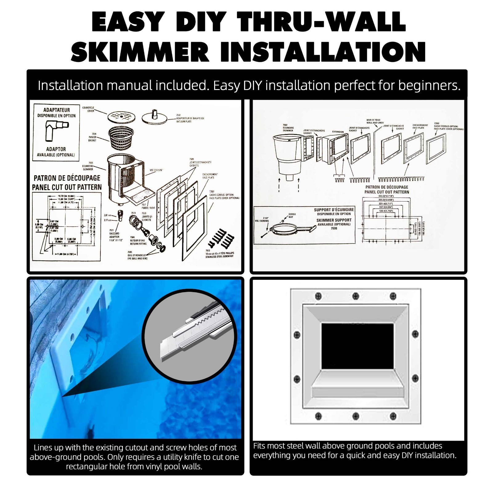 Universal Fit Above Ground Pool Skimmer Kit – Thru-Wall Accessory, 6&Prime; Opening