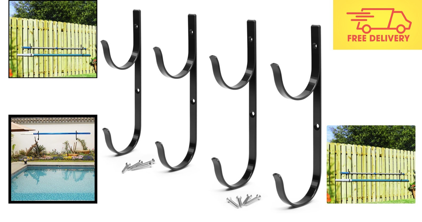 4pc Black Aluminum Pool Pole Hanger Set for Effortless Organization